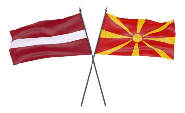 Letonya, Makedonya, iki beyaz arka plan üzerinde izole bayrakları geçti. 3D görüntü