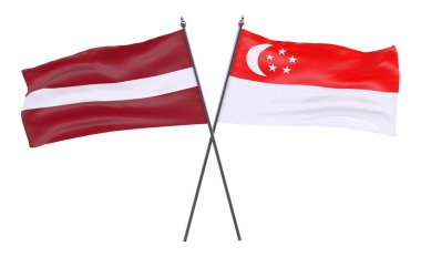Letonya ve Singapur, iki beyaz arka plan üzerinde izole bayrakları geçti. 3D görüntü