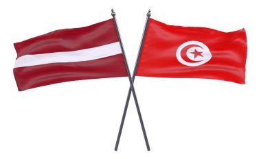 Letonya ve Tunus, iki beyaz arka plan üzerinde izole bayrakları geçti. 3D görüntü