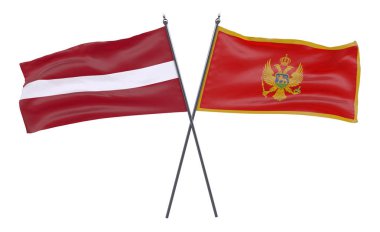 Letonya ve Karadağ, iki beyaz arka plan üzerinde izole bayrakları geçti. 3D görüntü