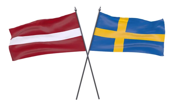 拉脱维亚和瑞典两个交叉的旗帜在白色背景下被隔离 — 图库照片