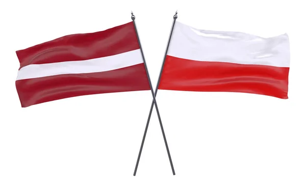 Латвії Польщі Два Перетнув Прапори Ізольовані Білому Тлі Зображення — стокове фото