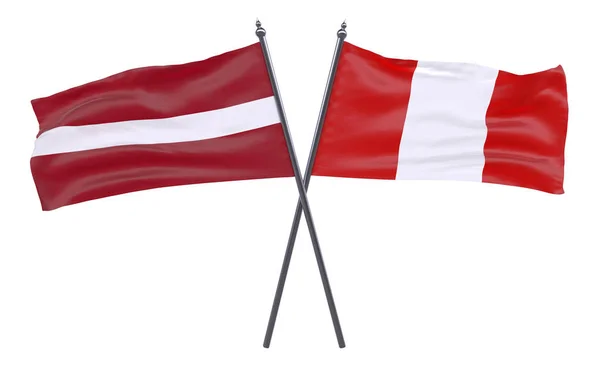 Lettland Und Peru Zwei Gekreuzte Flaggen Auf Weißem Hintergrund Bild — Stockfoto