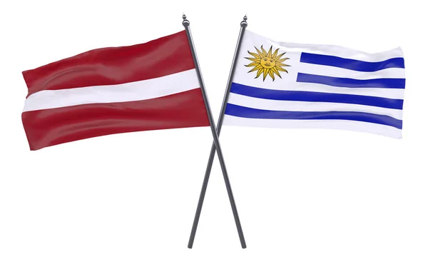 Lettonie Uruguay Deux Drapeaux Croisés Isolés Sur Fond Blanc Image — Photo