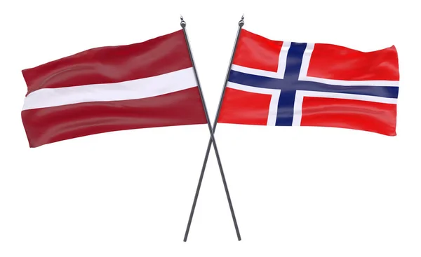 Letónia Noruega Duas Bandeiras Cruzadas Isoladas Sobre Fundo Branco Imagem — Fotografia de Stock