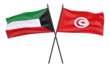 Kuveyt ve Tunus, iki beyaz arka plan üzerinde izole bayrakları geçti. 3D görüntü