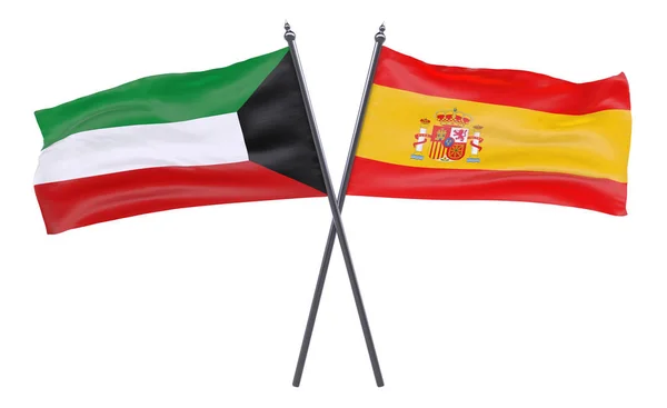 Kuvajt Španělska Dva Překřížené Příznaky Izolované Bílém Pozadí Obrázek — Stock fotografie