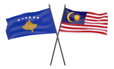 Kosova ve Malezya, iki beyaz arka plan üzerinde izole bayrakları geçti. 3D görüntü