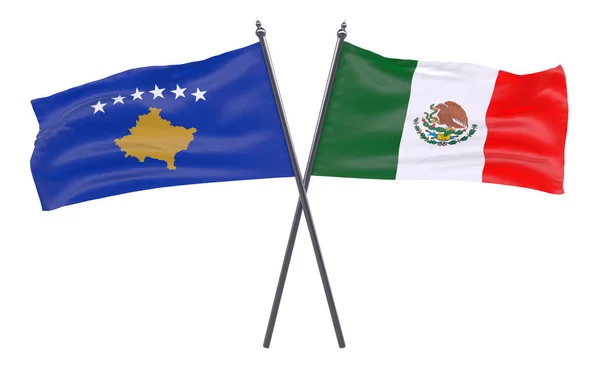 科索沃和墨西哥 两个交叉的旗帜在白色背景下被隔离 — 图库照片