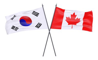 Güney Kore ve Kanada, iki beyaz arka plan üzerinde izole bayrakları geçti. 3D görüntü