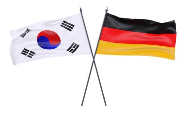 Güney Kore ve Almanya, iki beyaz arka plan üzerinde izole bayrakları geçti. 3D görüntü