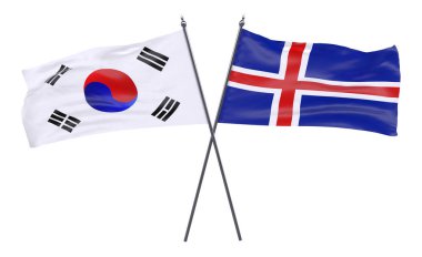 Güney Kore ve İzlanda, iki beyaz arka plan üzerinde izole bayrakları geçti. 3D görüntü