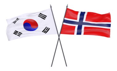 Güney Kore ve Norveç, iki beyaz arka plan üzerinde izole bayrakları geçti. 3D görüntü