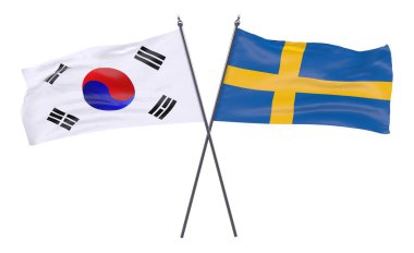 Kore Cumhuriyeti ve İsveç, iki beyaz arka plan üzerinde izole bayrakları geçti. 3D görüntü