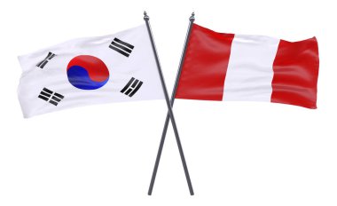 Güney Kore ve Peru, iki beyaz arka plan üzerinde izole bayrakları geçti. 3D görüntü