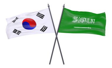Güney Kore ve Suudi Arabistan, iki beyaz arka plan üzerinde izole bayrakları geçti. 3D görüntü