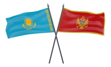 Kazakistan ve Karadağ, iki beyaz arka plan üzerinde izole bayrakları geçti. 3D görüntü