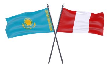 Kazakistan ve Peru, iki beyaz arka plan üzerinde izole bayrakları geçti. 3D görüntü