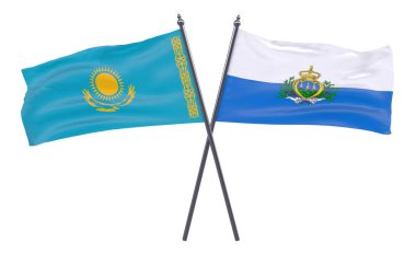 Kazakistan ve San Marino, iki beyaz arka plan üzerinde izole bayrakları geçti. 3D görüntü
