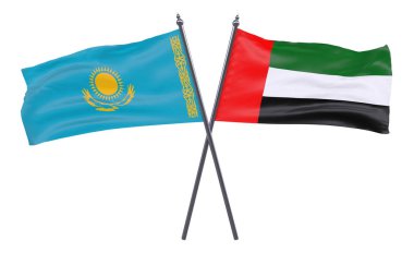 Kazakistan ve Birleşik Arap Emirlikleri, iki beyaz arka plan üzerinde izole bayrakları geçti. 3D görüntü
