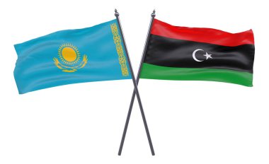 Kazakistan ve Libya, iki beyaz arka plan üzerinde izole bayrakları geçti. 3D görüntü