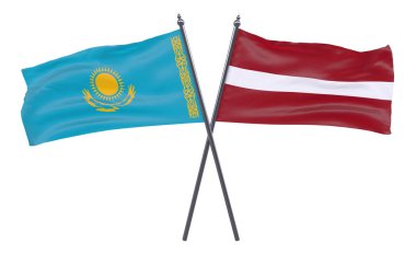 Kazakistan ve Letonya, iki beyaz arka plan üzerinde izole bayrakları geçti. 3D görüntü