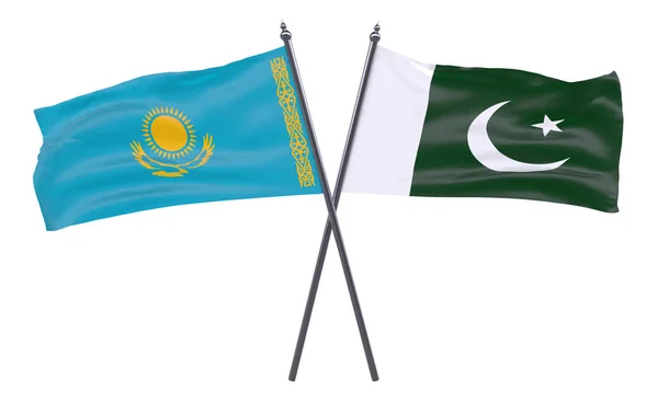 Kazahsztán Pakisztán Két Keresztbe Zászlók Elszigetelt Fehér Background Kép — Stock Fotó