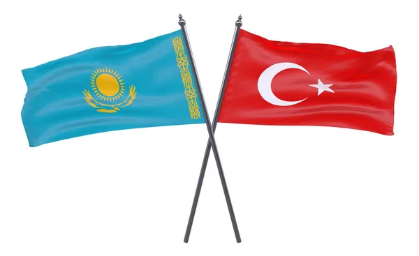 Kazachstan Turkije Twee Gekruiste Vlaggen Geïsoleerd Een Witte Achtergrond Afbeelding — Stockfoto