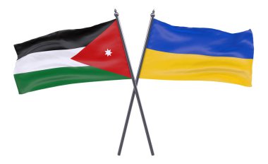 Jordan ve Ukrayna, iki beyaz arka plan üzerinde izole bayrakları geçti. 3D görüntü