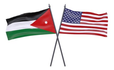Jordan ve ABD, iki beyaz arka plan üzerinde izole bayrakları geçti. 3D görüntü