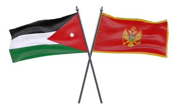 Ιορδανία Και Μαυροβούνιο Δύο Διέσχισε Σημαίες Που Απομονώνονται Λευκό Φόντο — Φωτογραφία Αρχείου