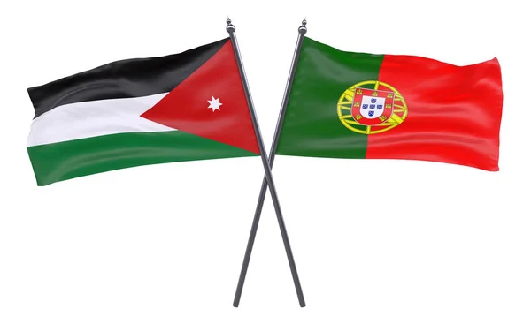 Ιορδανία Και Πορτογαλία Δύο Διέσχισε Σημαίες Που Απομονώνονται Λευκό Φόντο — Φωτογραφία Αρχείου
