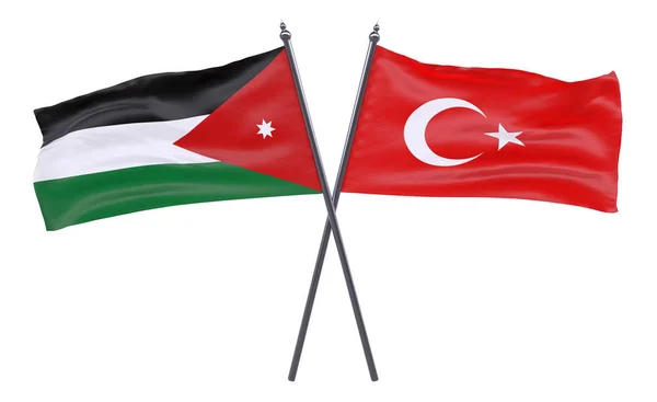 Ιορδανία Και Την Τουρκία Δύο Διέσχισε Σημαίες Που Απομονώνονται Λευκό — Φωτογραφία Αρχείου
