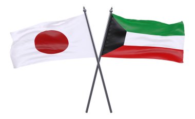 Japonya ve Kuveyt, iki beyaz arka plan üzerinde izole bayrakları geçti. 3D görüntü