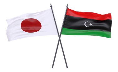 Japonya ve Libya, iki beyaz arka plan üzerinde izole bayrakları geçti. 3D görüntü