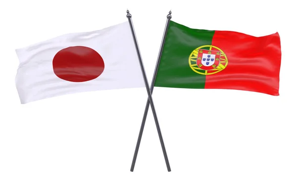 Japonya Portekiz Iki Beyaz Arka Plan Üzerinde Izole Bayrakları Geçti — Stok fotoğraf