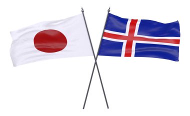 Japonya ve İzlanda, iki beyaz arka plan üzerinde izole bayrakları geçti. 3D görüntü