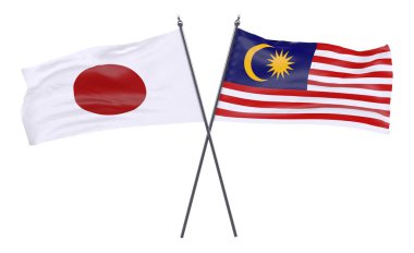 Japonya ve Malezya, iki beyaz arka plan üzerinde izole bayrakları geçti. 3D görüntü