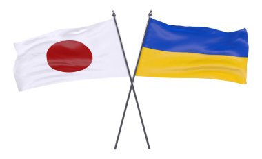 Japonya ve Ukrayna, iki beyaz arka plan üzerinde izole bayrakları geçti. 3D görüntü