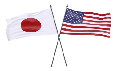 Japonya ve ABD, iki beyaz arka plan üzerinde izole bayrakları geçti. 3D görüntü