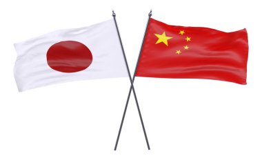 Japonya ve Çin, iki beyaz arka plan üzerinde izole bayrakları geçti. 3D görüntü