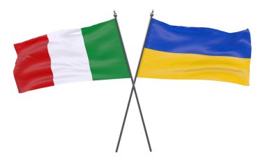 İtalya ve Ukrayna, iki beyaz arka plan üzerinde izole bayrakları geçti. 3D görüntü