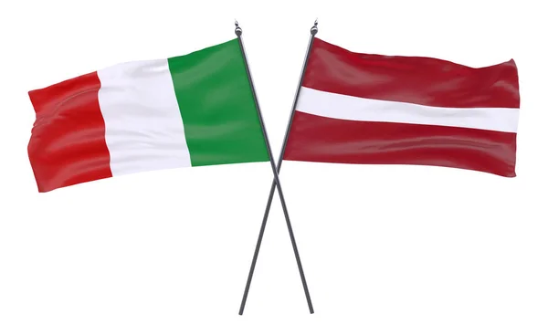 Italien Und Lettland Zwei Gekreuzte Flaggen Auf Weißem Hintergrund Bild — Stockfoto