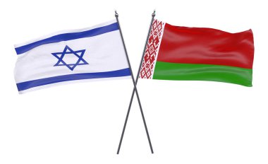 İsrail ve Beyaz Rusya, iki beyaz arka plan üzerinde izole bayrakları geçti. 3D görüntü