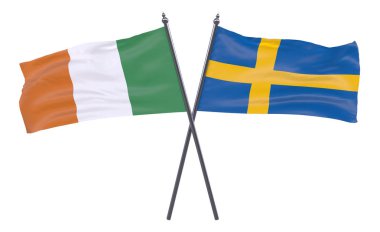 İrlanda ve İsveç, iki beyaz arka plan üzerinde izole bayrakları geçti. 3D görüntü