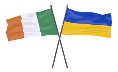 İrlanda ve Ukrayna, iki beyaz arka plan üzerinde izole bayrakları geçti. 3D görüntü