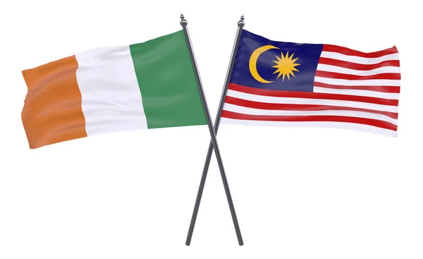 Ireland Malaysia Two Crossed Flags Isolated White Background Image — Stock Photo, Image