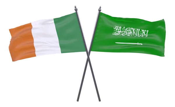 Irland Und Saudi Arabien Zwei Gekreuzte Flaggen Auf Weißem Hintergrund — Stockfoto