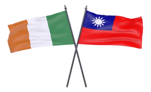 Irlanda Taiwán Dos Banderas Cruzadas Aisladas Sobre Fondo Blanco Imagen —  Fotos de Stock