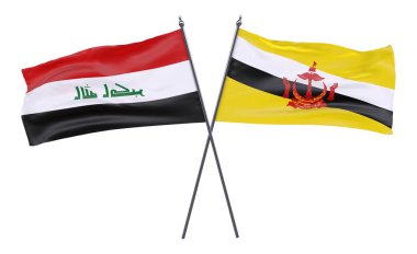 Irak ve Brunei, iki beyaz arka plan üzerinde izole bayrakları geçti. 3D görüntü